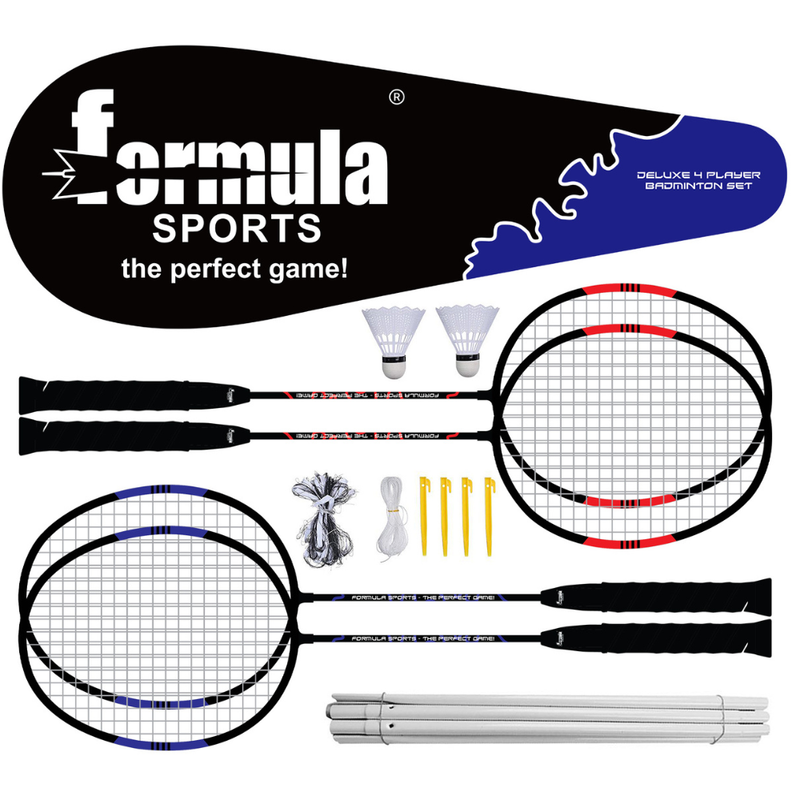 Badminton set with two rackets, shuttlecocks, and accessories on a white background, branded as 'Formula Sports'.